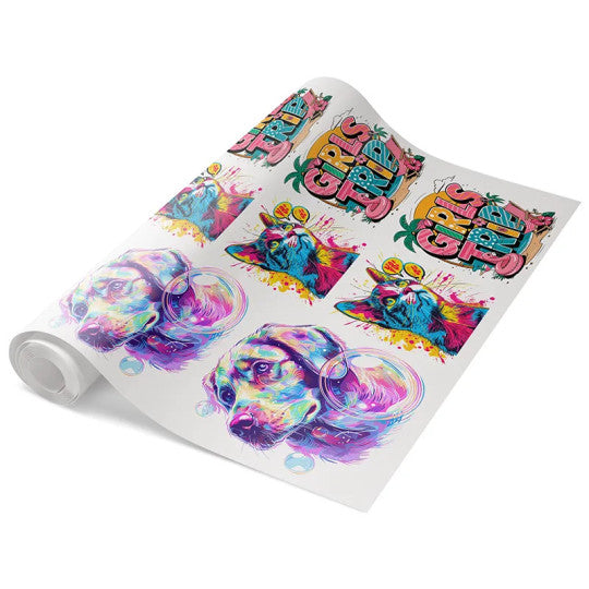 Rolled DTF Gang Sheet with colorful dog and stylized text designs.