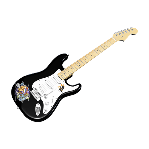 Guitarra eléctrica negra personalizada con calcomanías coloridas estilo grafiti en el cuerpo y el golpeador, que muestran la versatilidad de los UV DTF transfers en instrumentos musicales.