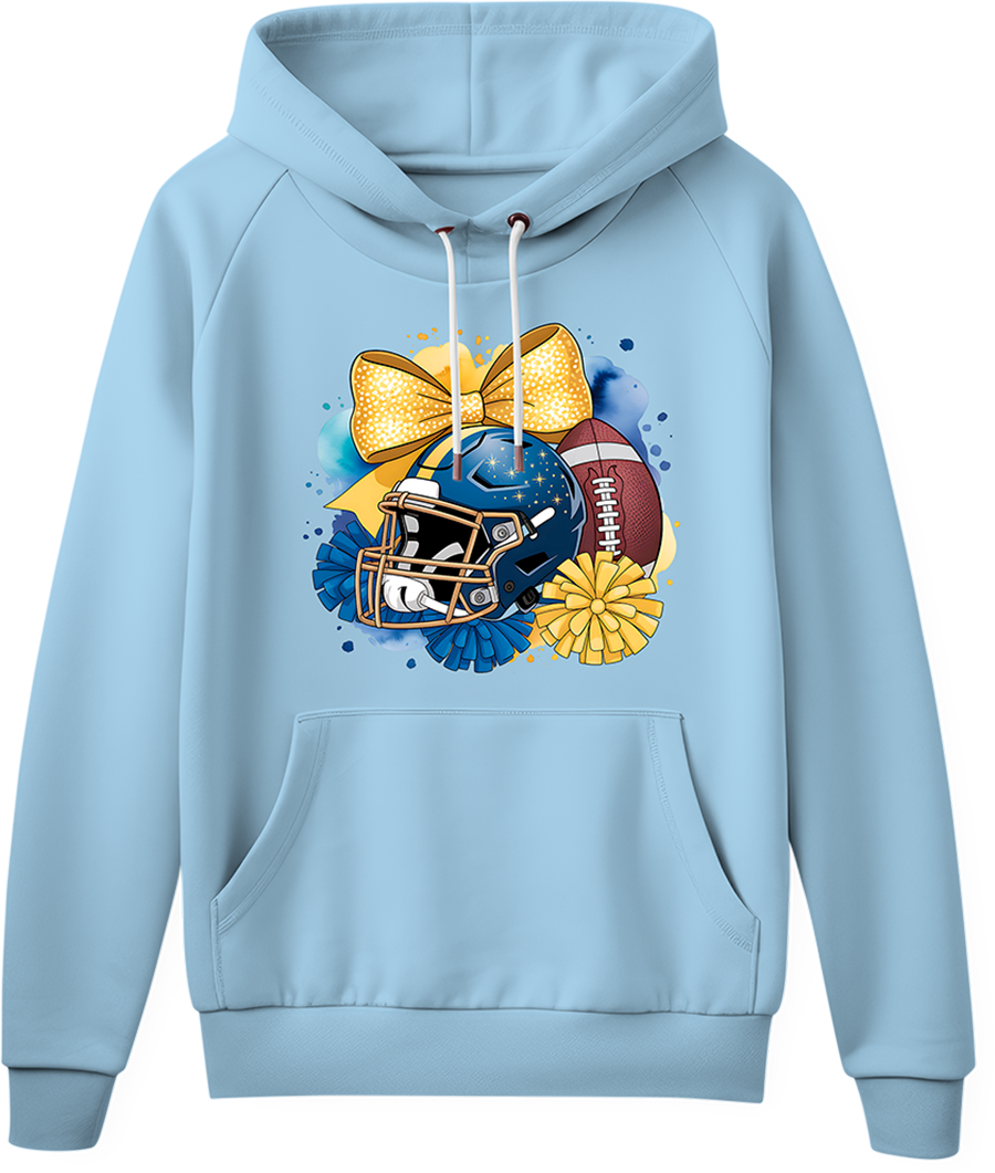 Light blue custom hoodie featuring a game day design with a football helmet, gold bow, and pom-poms, printed with a vibrant custom DTF transfer.