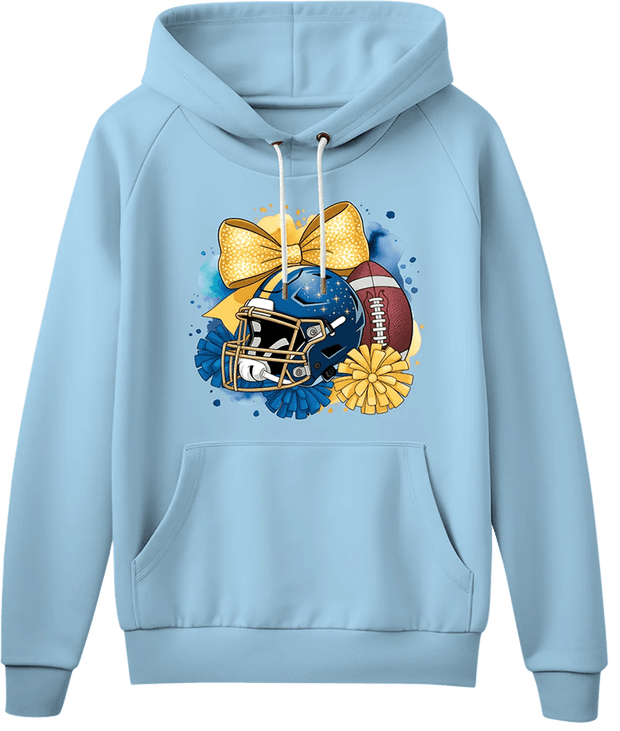 Sudadera con capucha personalizada azul claro con un diseño de día de partido con casco de fútbol americano, lazo dorado y pompones, impresa con un transfer DTF vibrante.