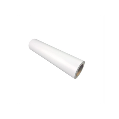 White glossy roll of printing film or transfer paper, showcasing smooth material for industrial and commercial applications.