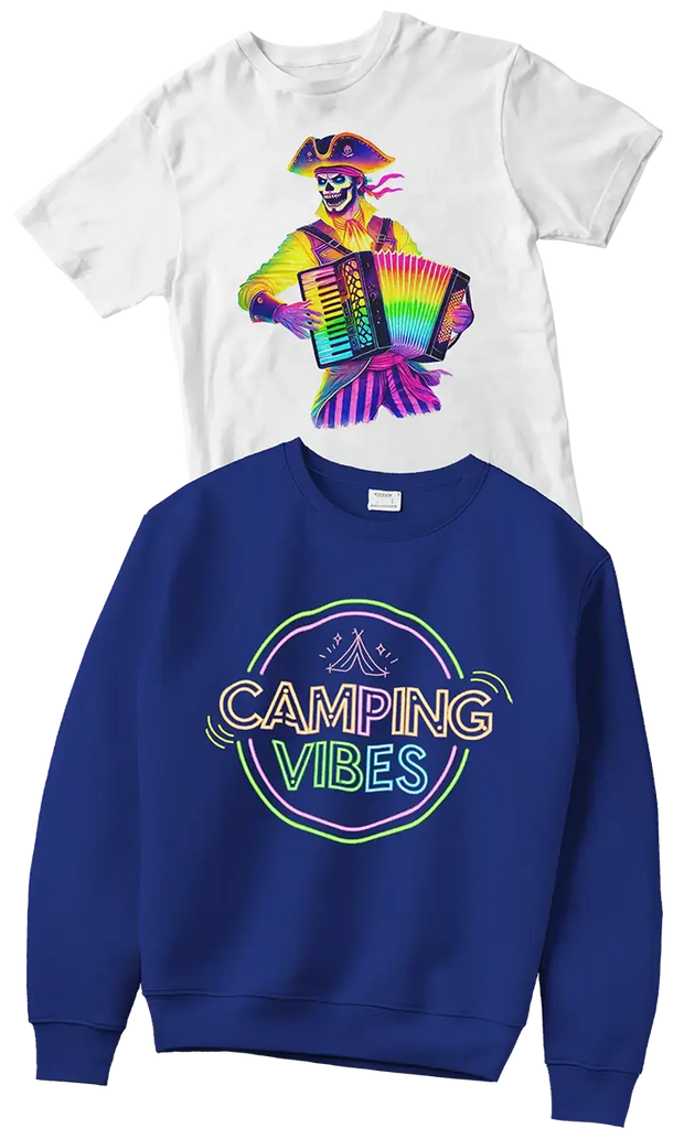 Neon DTF transfers on apparel with ultra-bright designs, featuring psychedelic skeleton t-shirt and colorful camping vibes sweatshirt for custom fashion.