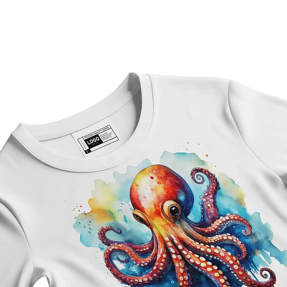 ORGB DTF Transfer design on a white t-shirt featuring a vibrant watercolor-style octopus in shades of red, orange, blue, and purple with artistic splashes