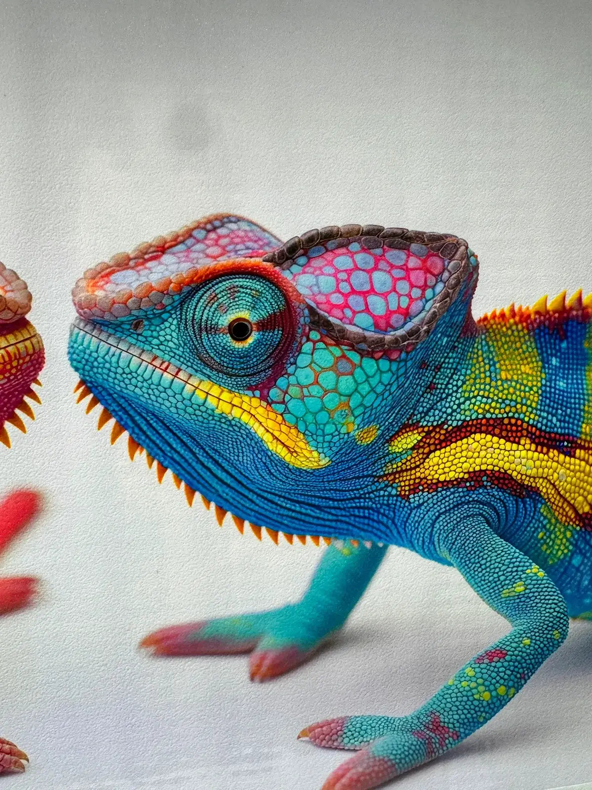 ORGB DTF transfer showcasing a colorful blue chameleon design