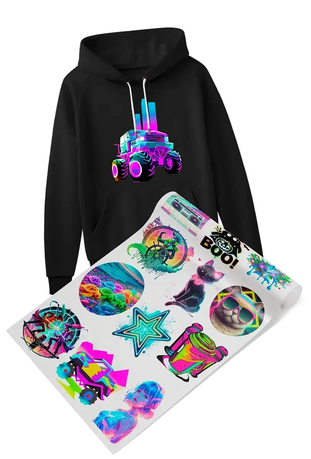 Fluorescent DTF technology on apparel and stickers, featuring neon monster truck hoodie and vibrant retro designs for custom fashion and creative prints.