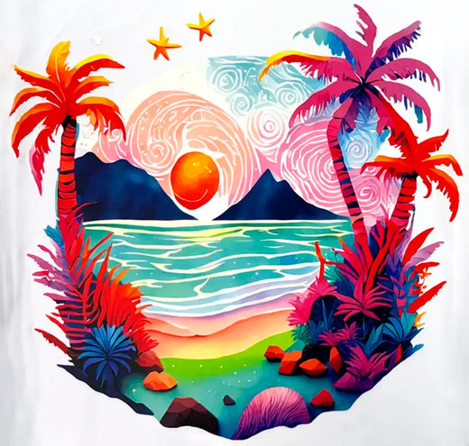 Vibrant tropical beach illustration featuring colorful palm trees, a bright sunset over mountains, and ocean waves, ideal for DTF apparel transfers.