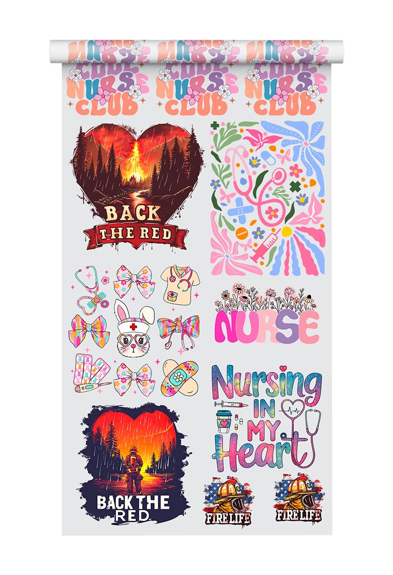 Nurse & Firefighter Premade DTF Gang Sheet: Nurse Club & Back the Red