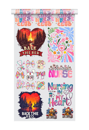 Nurse & Firefighter Premade DTF Gang Sheet: Nurse Club & Back the Red