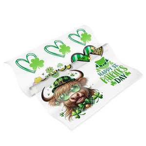 St Patrick's Day Premade DTF Gang Sheet: Shamrock Highland Cow