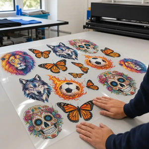 Finished same-day DTF gang sheet with colorful designs on the print shop table