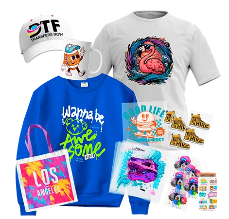 A collection of merchandise printed with DTF transfers by DTF Transfers Now, including custom t-shirts, hoodies, hats, mugs, tote bags, and visible DTF transfer films with vibrant designs.