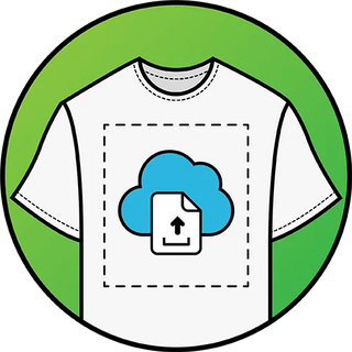 Digital illustration of a t-shirt mockup with a cloud and arrow icon, symbolizing the direct-to-film transfer file upload step for custom apparel branding.