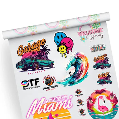 A vibrant gang sheet roll for custom apparel featuring 'Miami', 'Garage California', and surfing wave graphics, ready for high-quality DTF application.