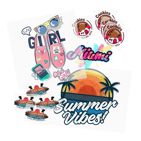 "Selection of custom stickers including 'Summer Vibes' and 'Miami' designs, demonstrating the high-quality finish of UV dtf by size transfers for various surfaces."