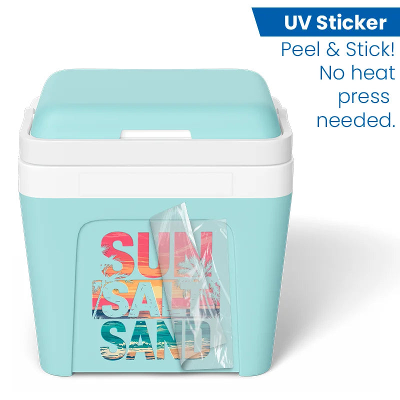 UV DTF decal being peeled off cooler – easy peel and stick with no heat press needed
