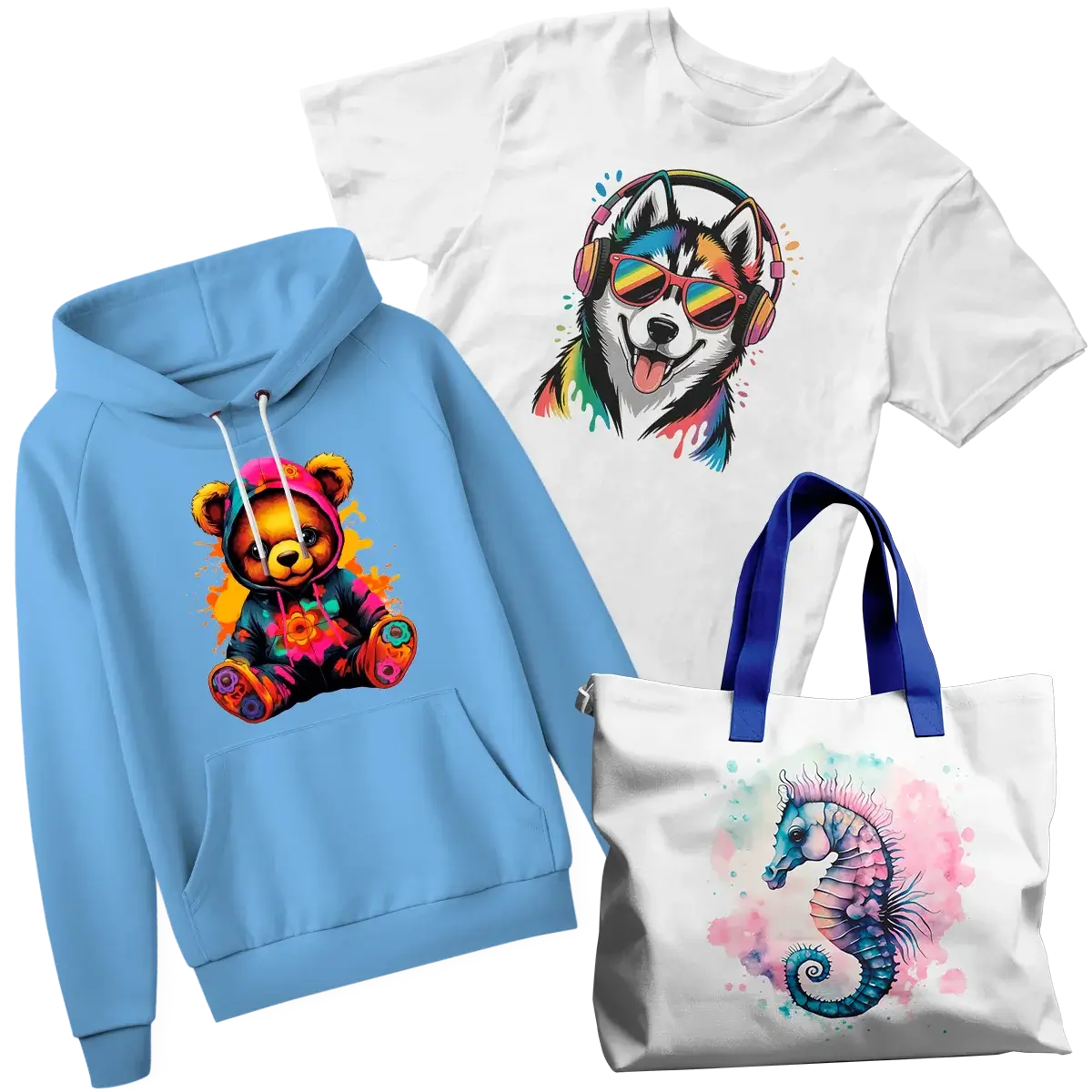 Assorted DTF garments featuring hot peel transfer prints