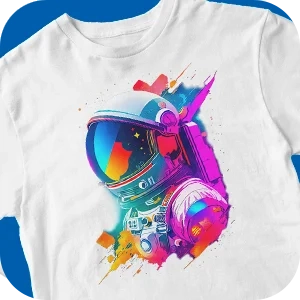 Camiseta blanca con una vibrante impresión DTF de un astronauta neón, mostrando colores en alta definición y arte digital detallado para personalizar ropa.