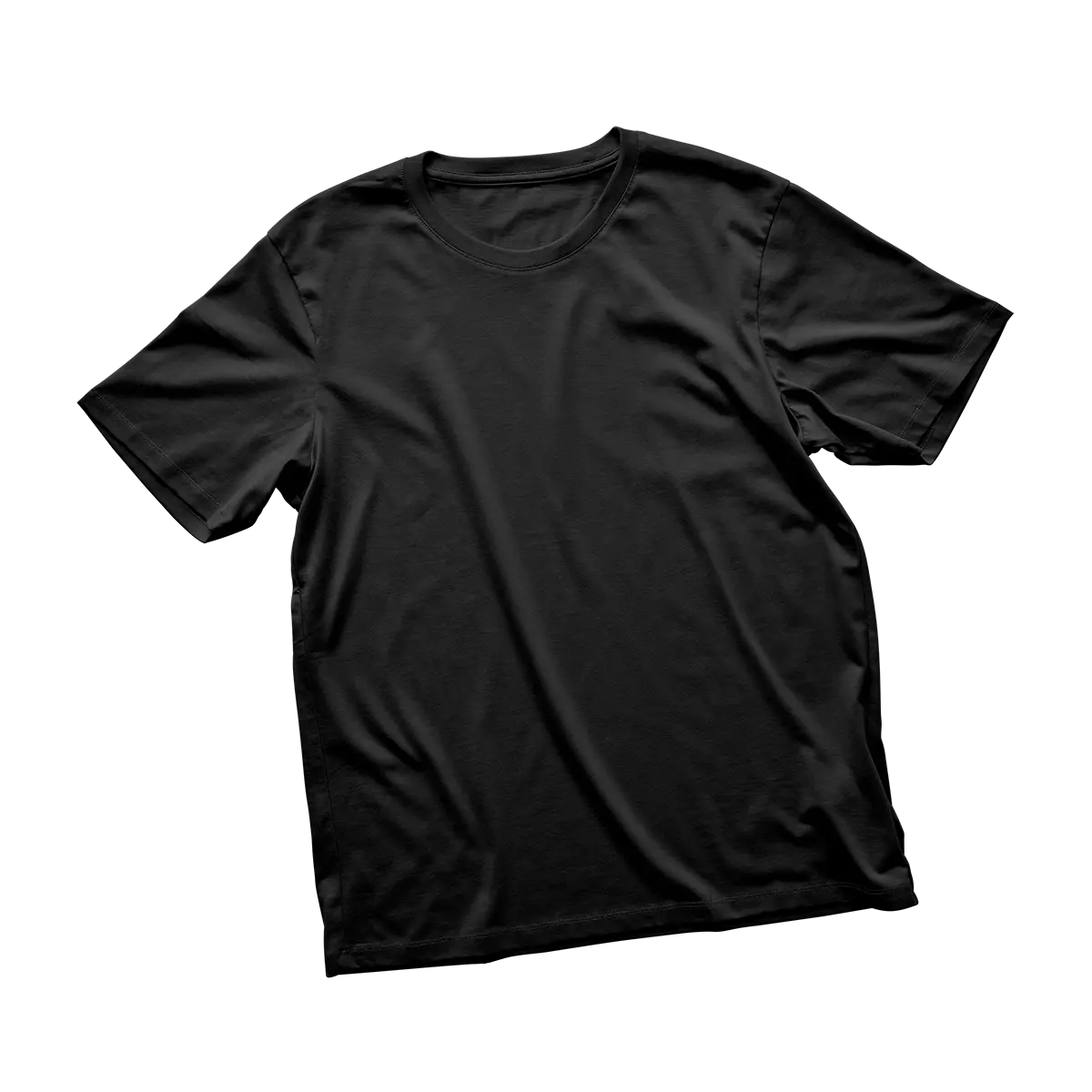 Front view of a blank black custom t-shirt mockup, ideal for demonstrating the opacity and vibrant colors of custom DTF transfers on dark apparel.