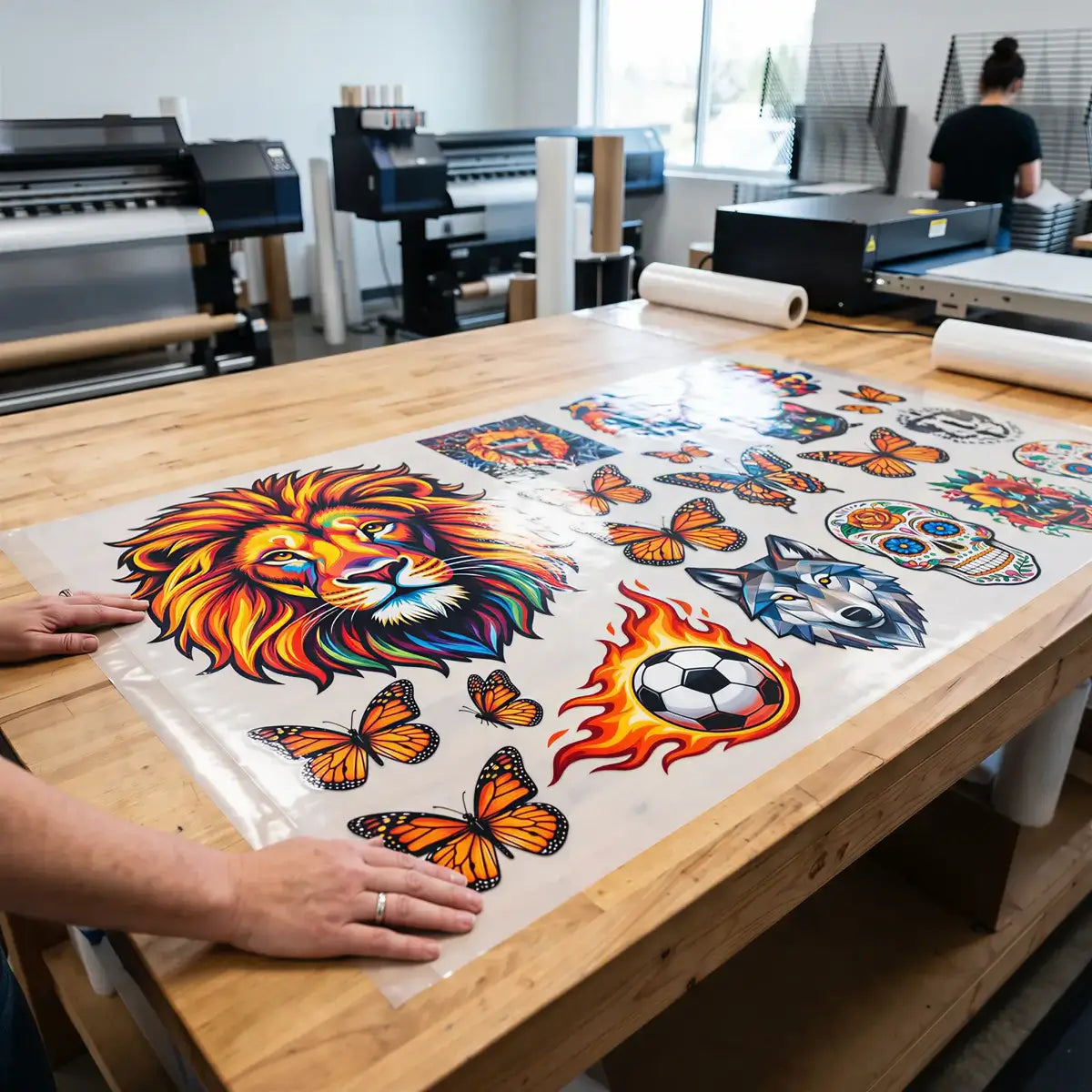 A 30 inch wide DTF gang sheet with colorful designs on the print shop table