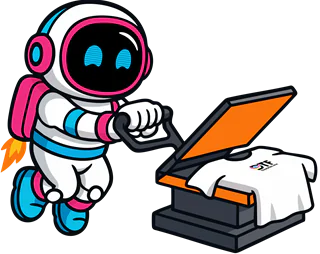 Our astronaut pressing a DTF transfer onto a shirt